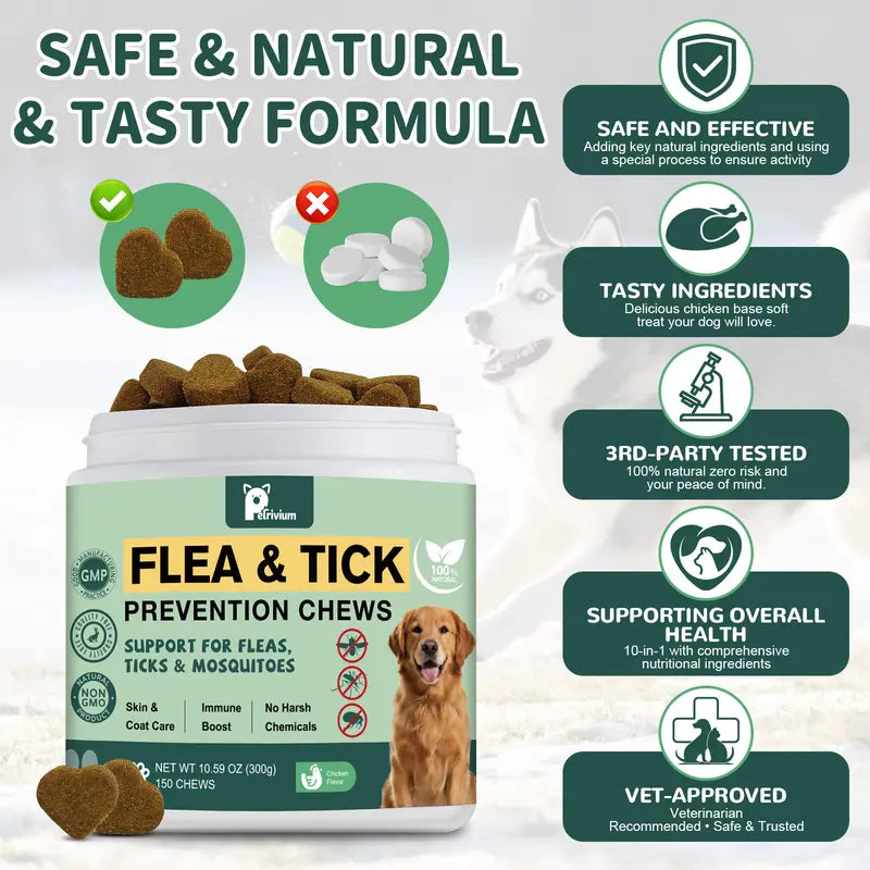 150Ct-Petrivium Dog Flea & Tick Support Soft Chews - Natural Pesticide-Free Vitamin Supplement with Rosemary Repel, Chicken Flavor, Suitable for Puppies & All Breeds/Sizes